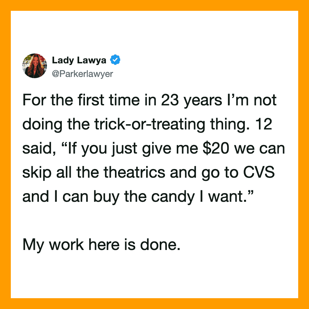Lady Lawya's tweet about skipping trick-or-treating for CVS and candy.
