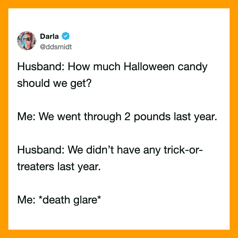 A tweet about Halloween candy and trick-or-treaters with a humorous death glare response.