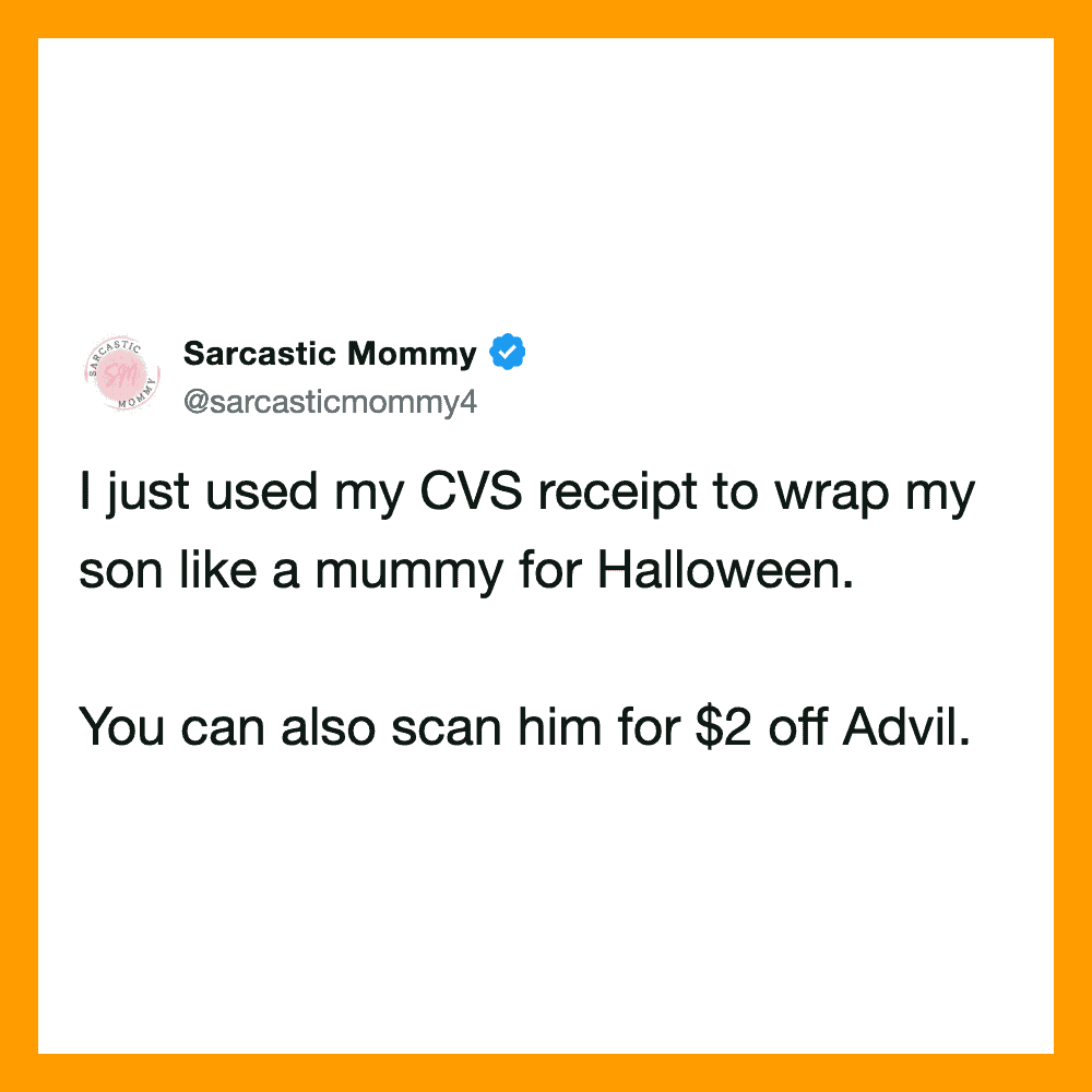 Twitter post by Sarcastic Mommy about wrapping her son like a mummy for Halloween.