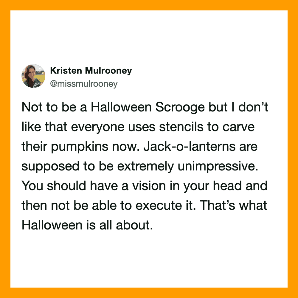 Kristen Mulrooney's tweet about Halloween and pumpkin carving.