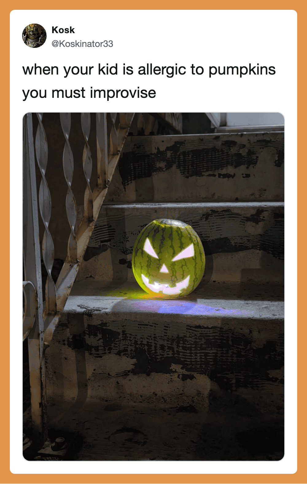 When your kid is allergic to pumpkins you must improvise – carved glowing pumpkin on dark stairs.