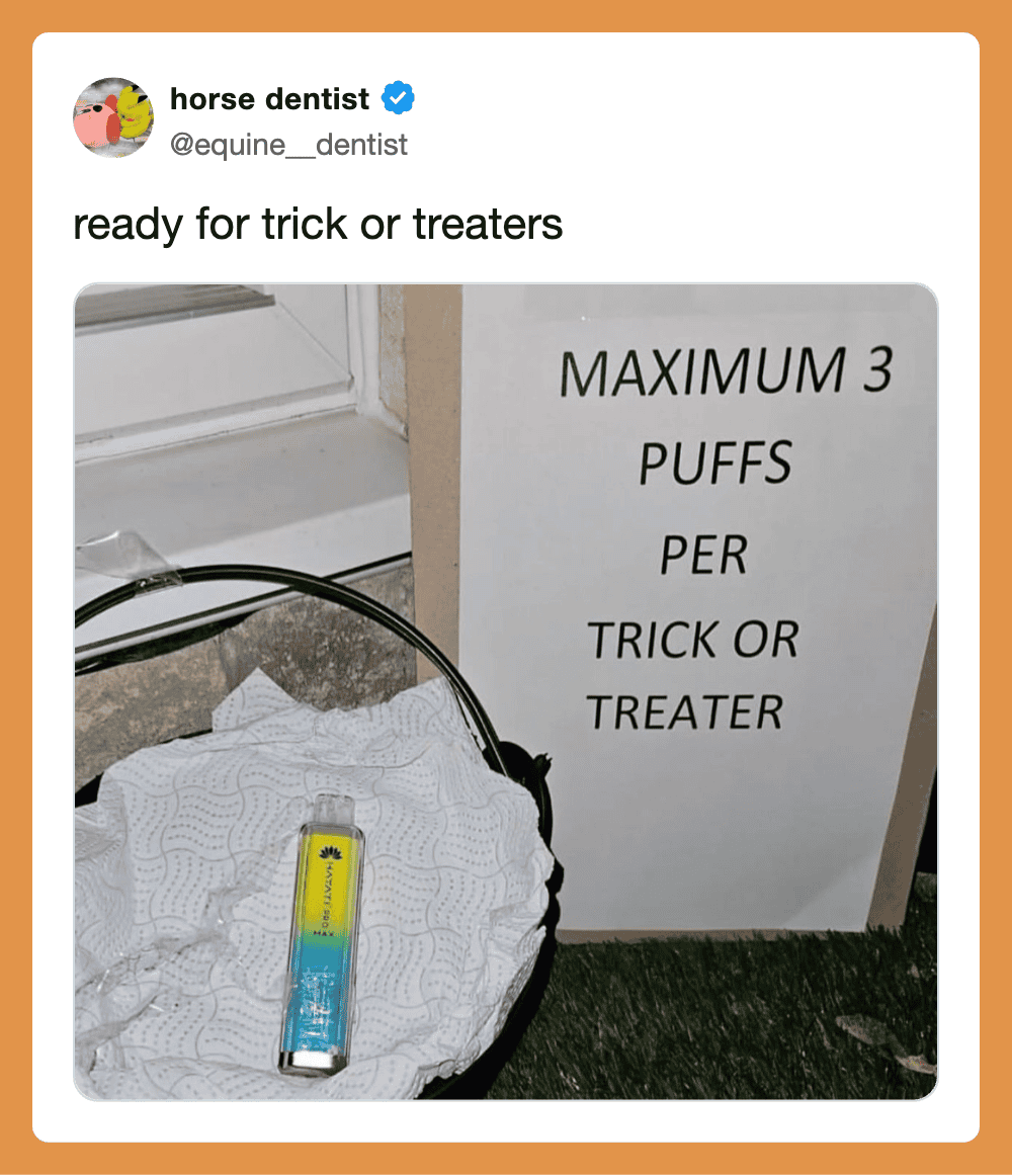 Ready for trick or treaters sign with maximum 3 puffs per trick or treater and a pet costume item on.
