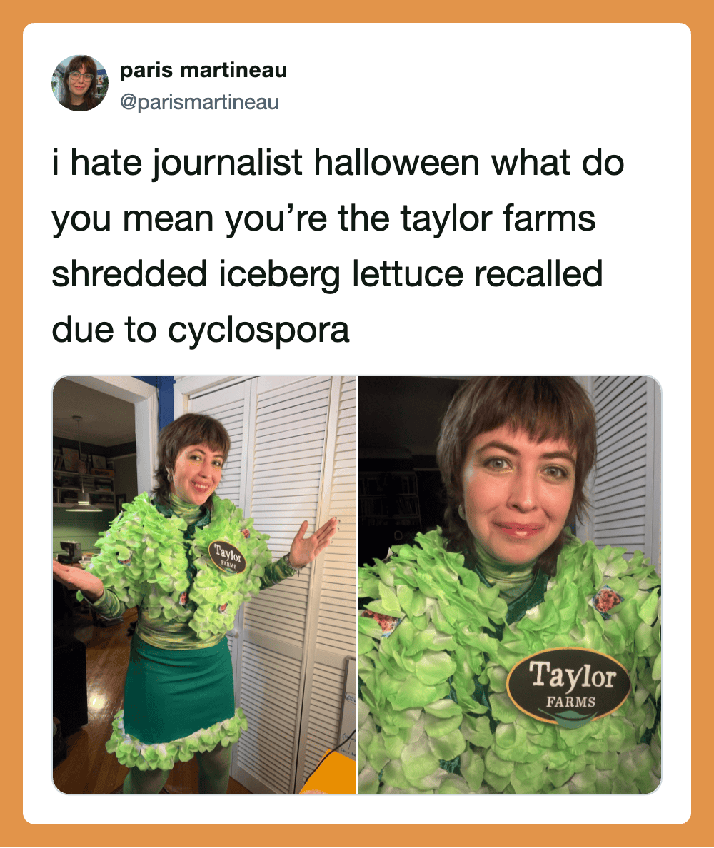 I hate journalist halloween what do you mean you’re the taylor farms shredded iceberg lettuce recall.