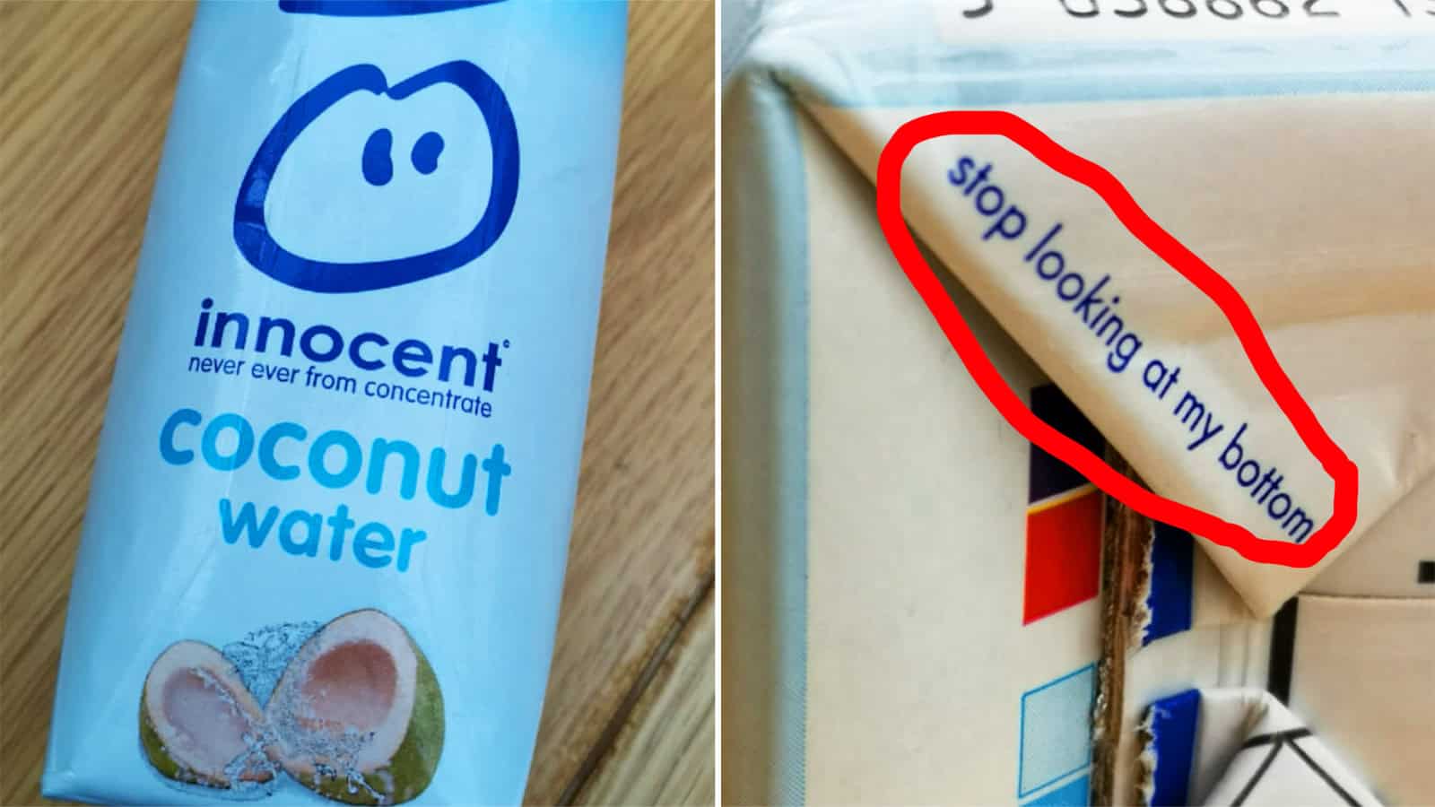 Coconut water carton with the phrase 'never ever from concentrate' and a smiley face.
