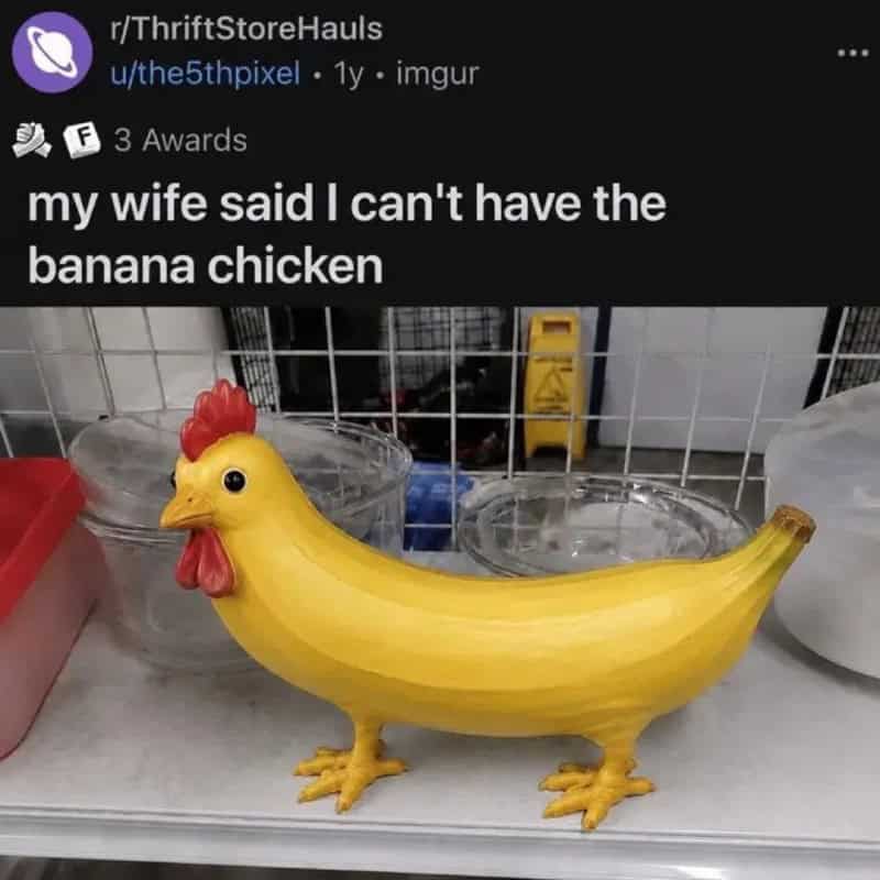 Humorous banana-shaped chicken container with a chicken head and legs.