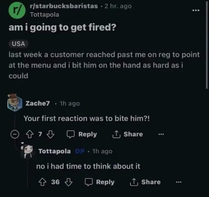 Reddit post about a customer reaching past the server to point at the menu and being bitten.