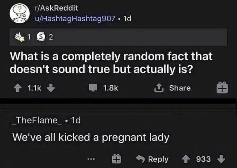 Reddit post about kicking a pregnant lady, with humorous comments.