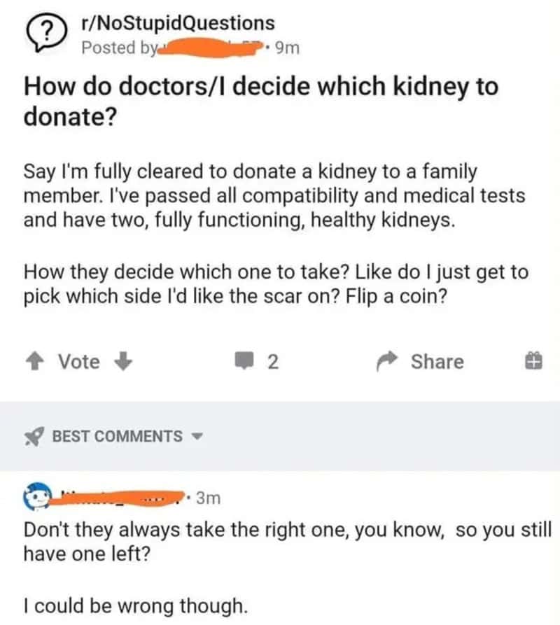 A humorous post about choosing a kidney to donate, with comments about which side to pick.