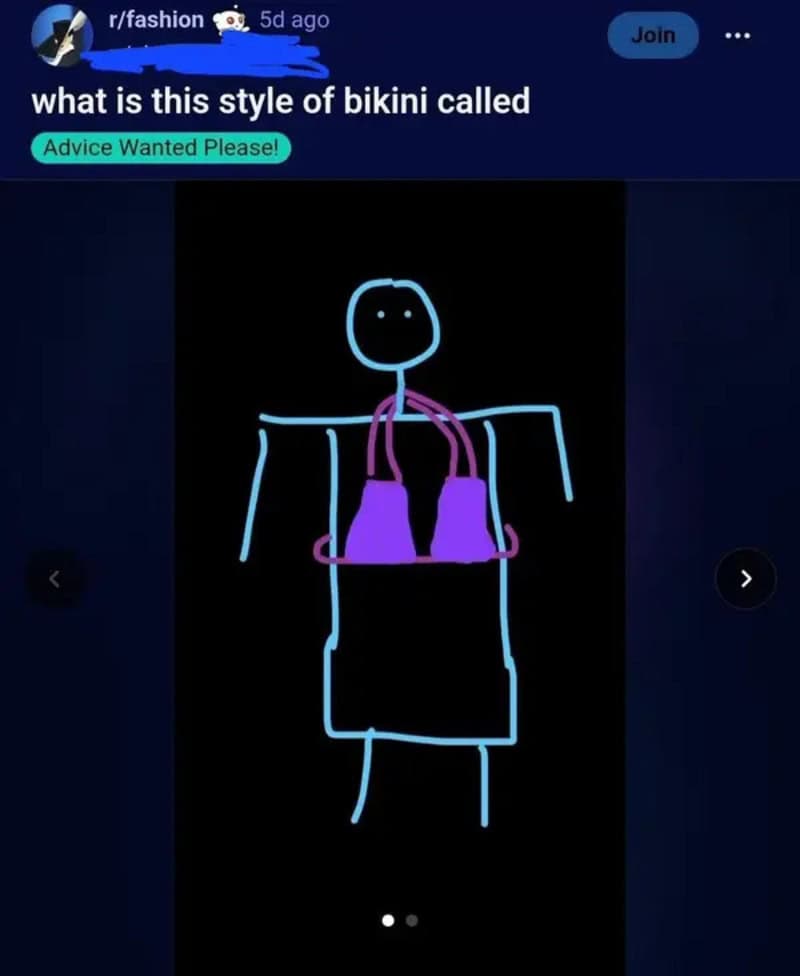Simple stick figure drawing of a person in a purple bikini with a pink cover-up.
