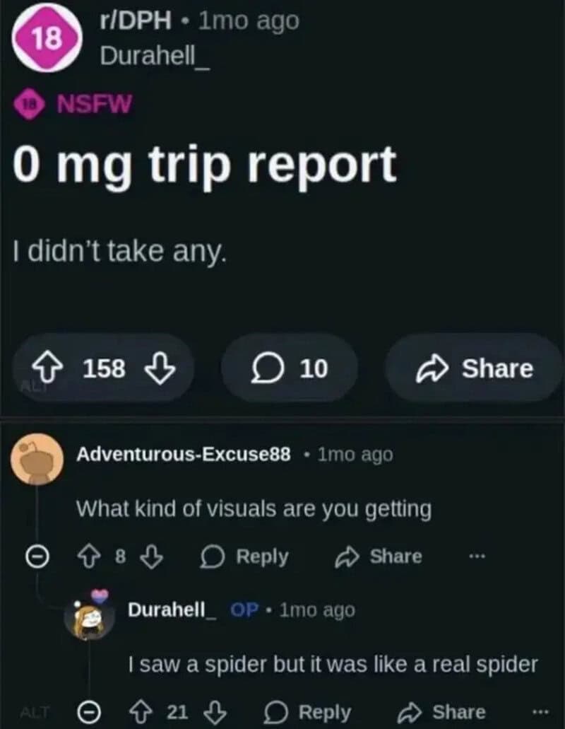 Screenshot of a humorous online post about a 0 mg trip report.