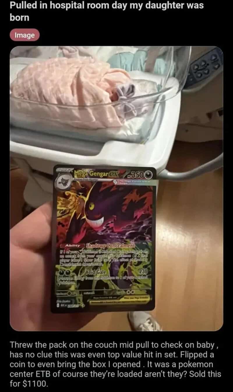 Pokemon card held in front of a hospital bassinet with a newborn inside.