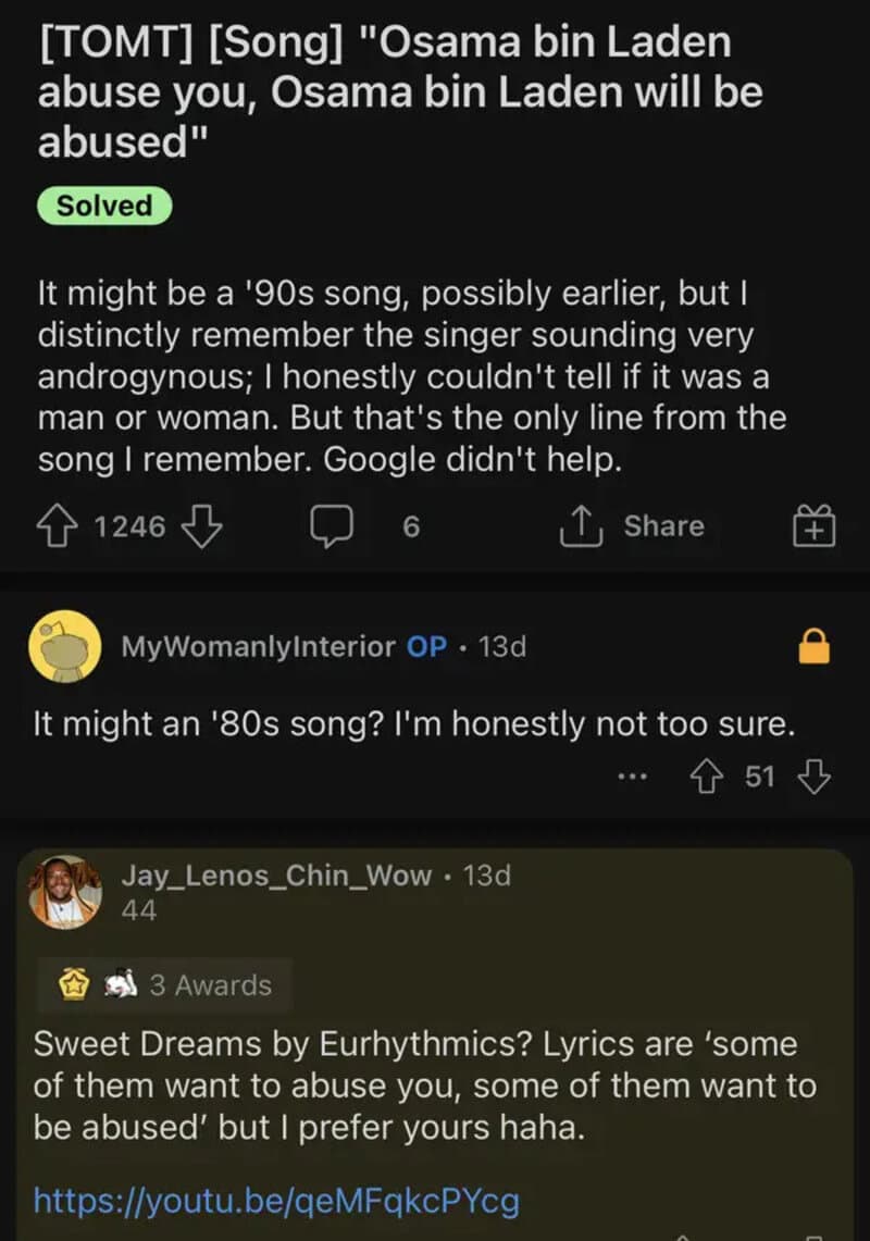 Screenshot of a YouTube comment section discussing song lyrics and memories.
