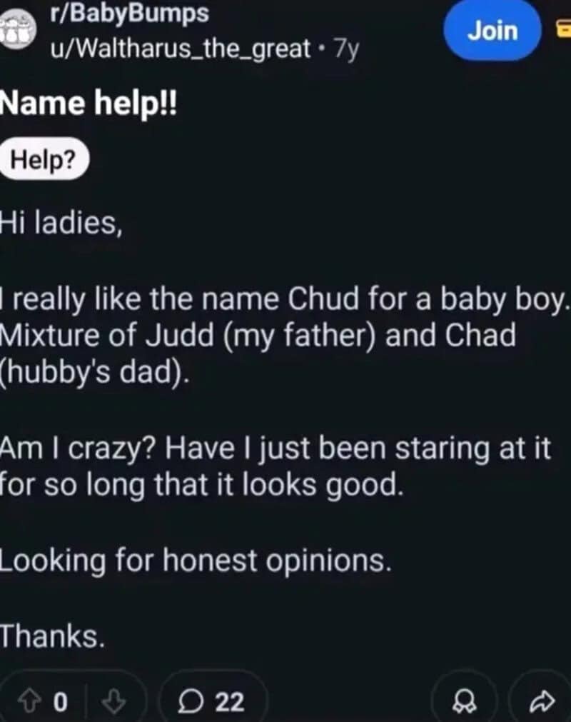 Reddit post about naming a baby Chud, with text and icons visible.