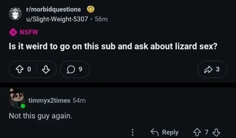Reddit post asking about lizard sex, with a comment saying not this guy again.