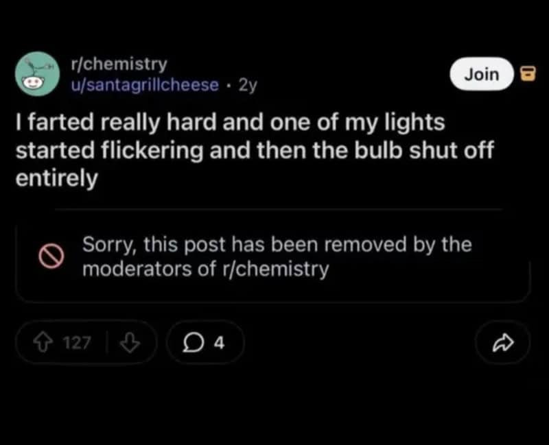 User's post about farting causing flickering lights and bulb shutting off.