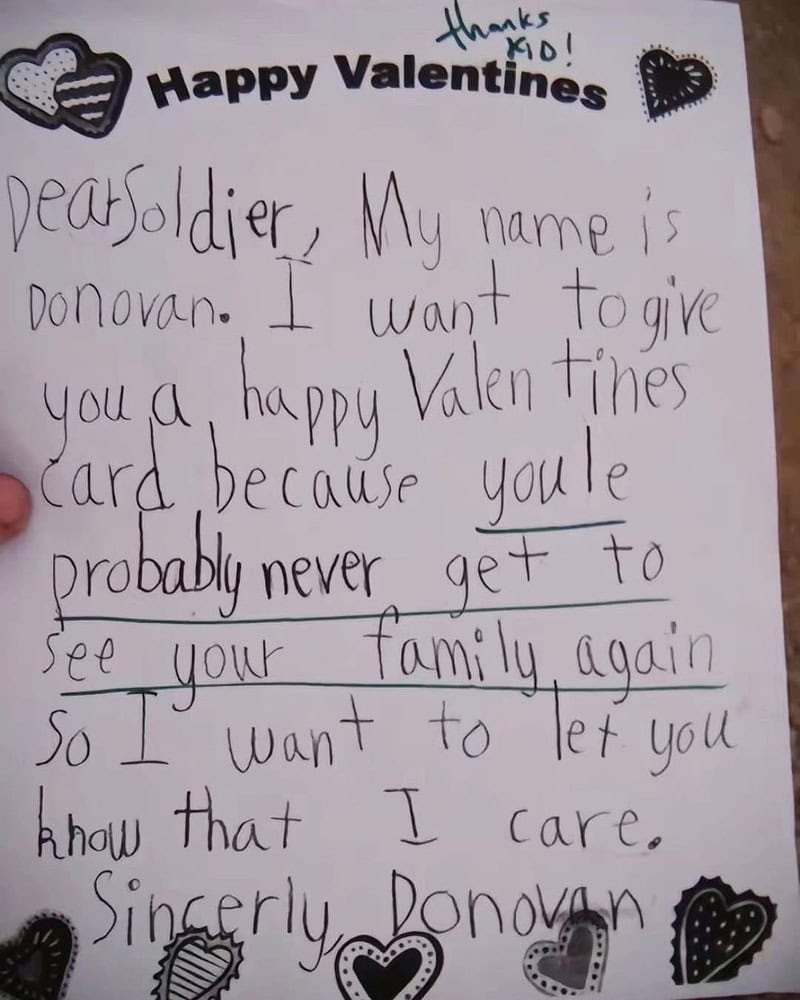 Letter to a soldier: 'Dear Soldier, My name is Donovan. I want to give you a happy Valentines card…'.