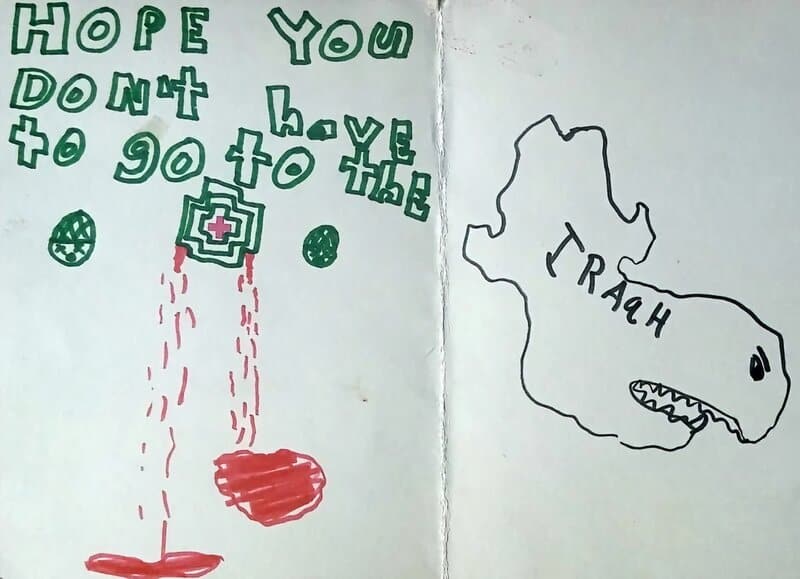 Hope you don't have to go to the... (child drawing) and a shark outline labeled Iran with a map-like.