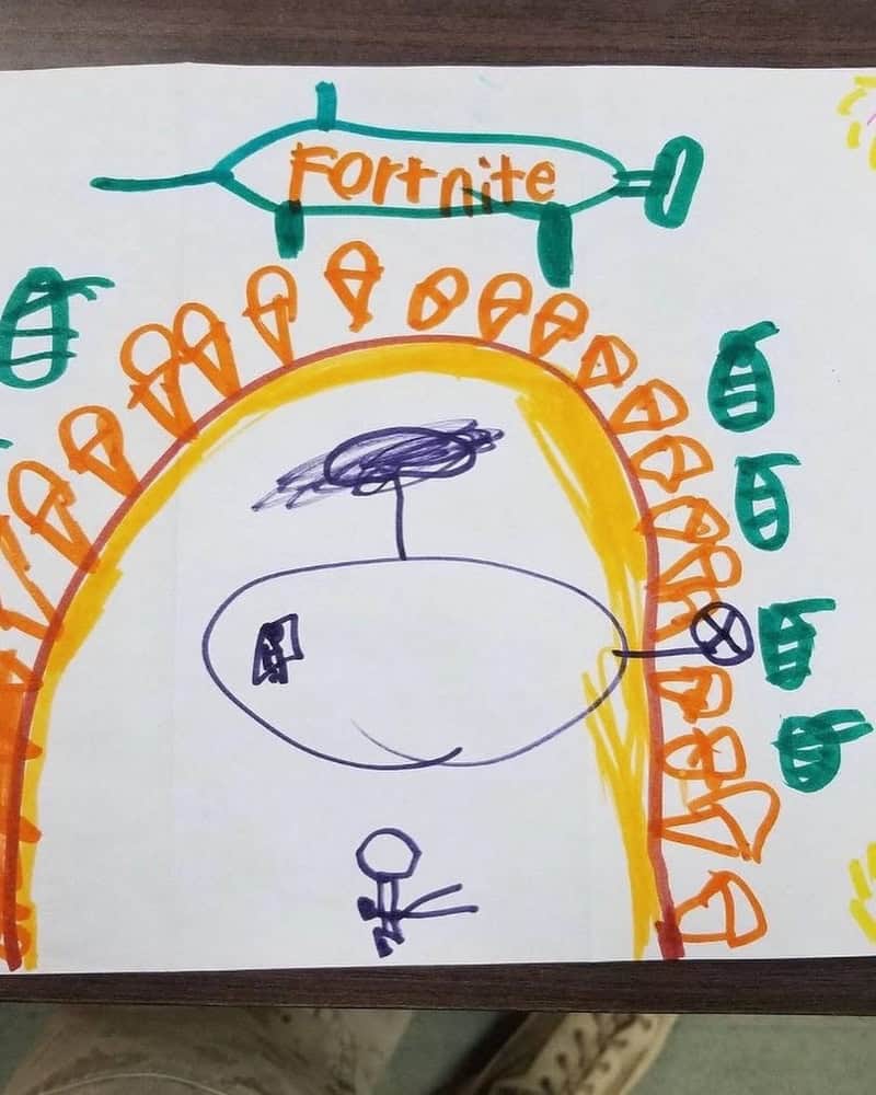 Fortnite helicopter flying above a tunnel entrance with orange and teal decorations; a small stick-人.