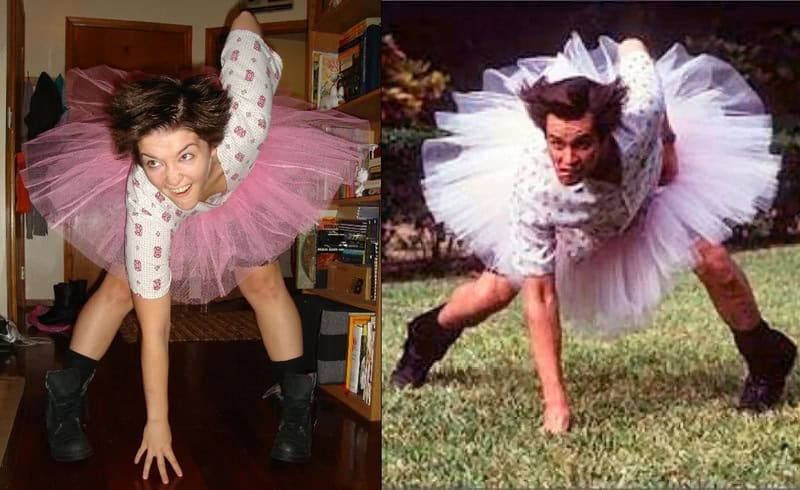 Two people in pink tutus crouching with hands on the floor, one indoors and one outdoors.