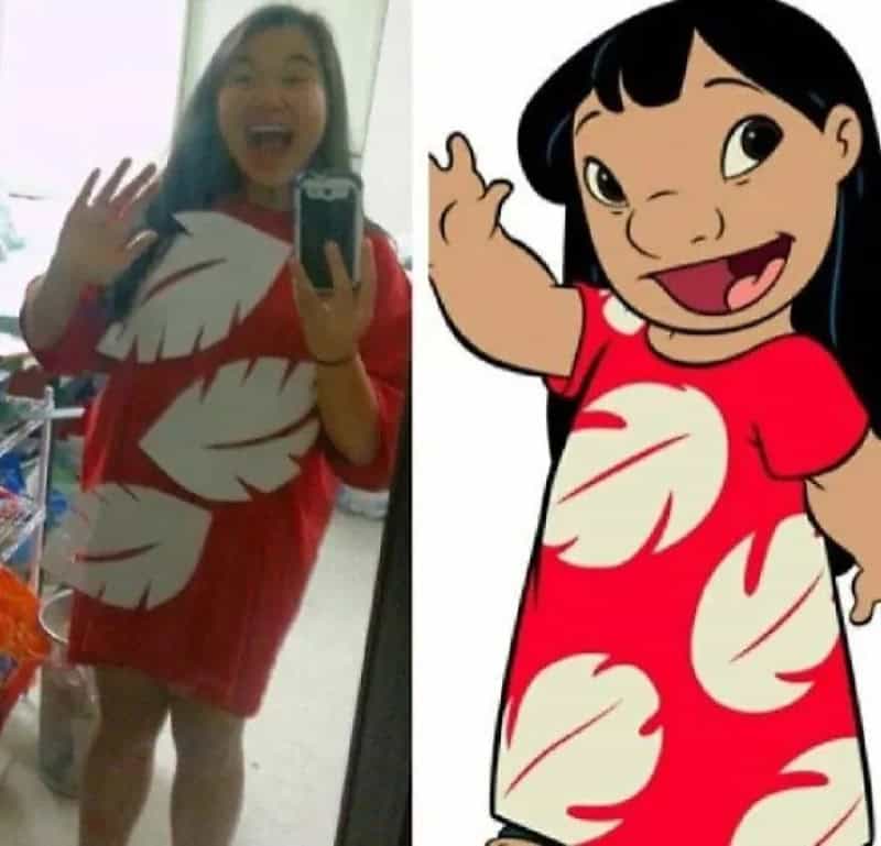 Person in red dress with white leaf pattern posing in mirror selfie; cartoon character wearing same柄.