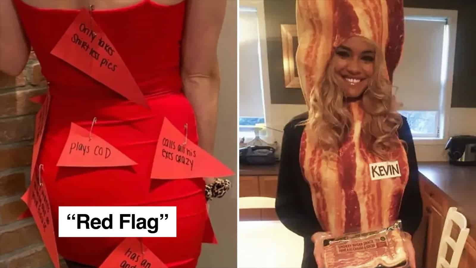 Red Flag costume with bacon strips and notes saying 'Only big shirt pics', 'Plays COD', 'This is not.