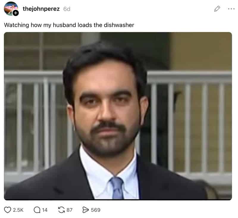 Man in suit watching husband load dishwasher, humorous post about marriage.
