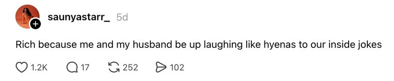 Rich couple laughing together, captioned about inside jokes and humor.