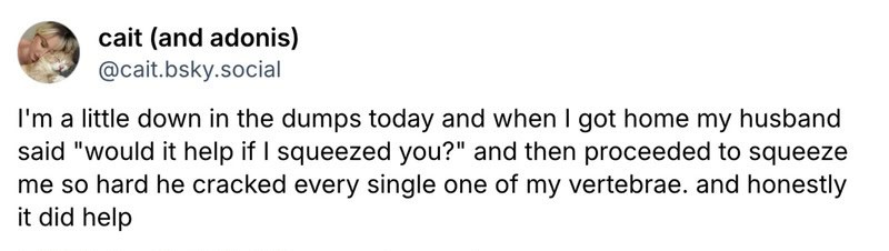 A humorous post about a woman squeezing her husband's vertebrae.