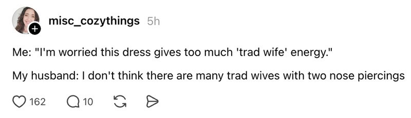 Humorous post about traditional wedding dress and nose piercings.