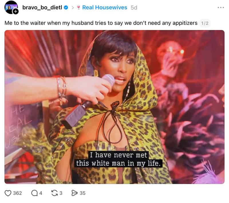 Woman in leopard print hooded outfit speaking into a microphone, with a caption about never meeting.