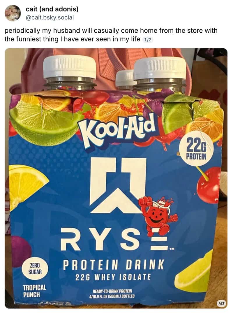 Kool-Aid RYS protein drink with lemon and cherry flavor, 22g whey isolate, zero sugar.