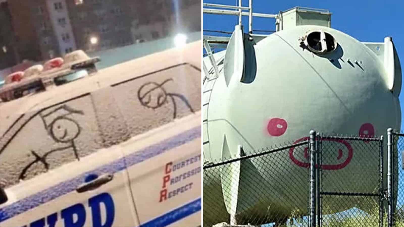 Child's drawing on police car with stick figure and swastika.