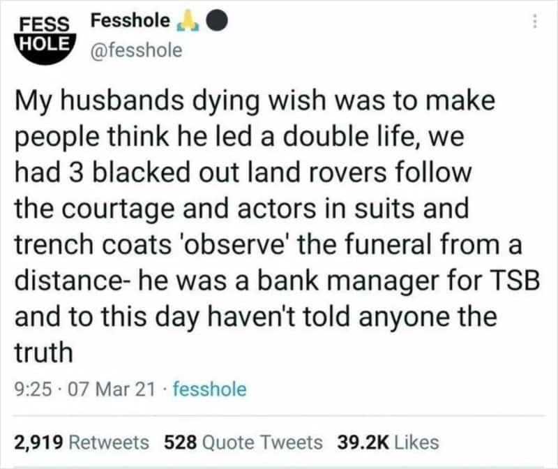 Twitter post about a husband's dying wish involving land rovers and a funeral.