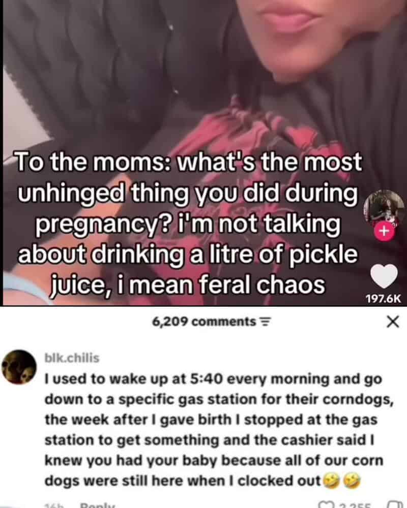 Mom asks about pregnancy unhinged moments, mentions feral chaos, and a TikTok comment about waking a.
