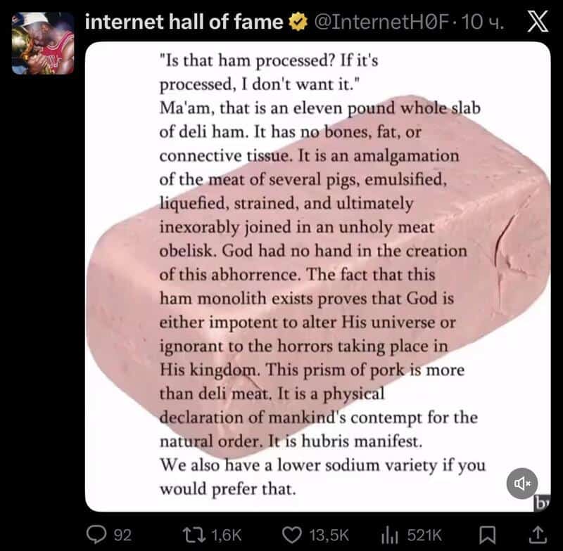 Quote about ham processed and unprocessed, with a pink ham image background.