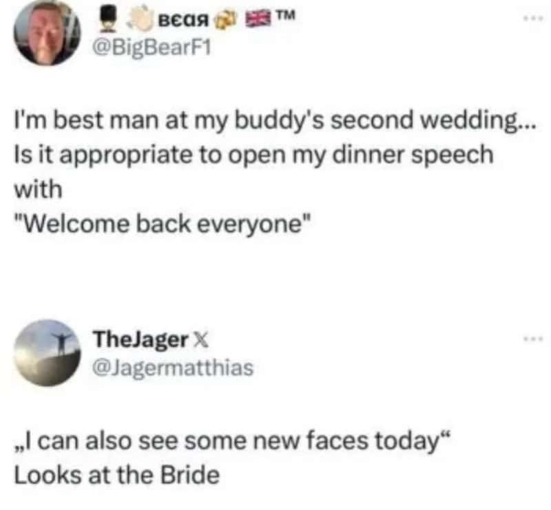 Twitter post about opening a dinner speech with 'Welcome back everyone' at a wedding.
