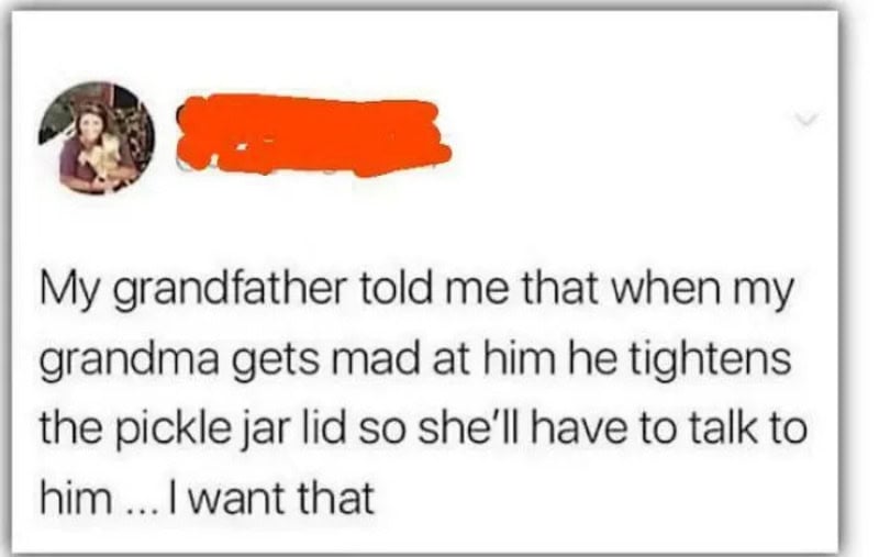 Text from a social media post about a grandfather and grandma's reaction to a pickle jar lid.
