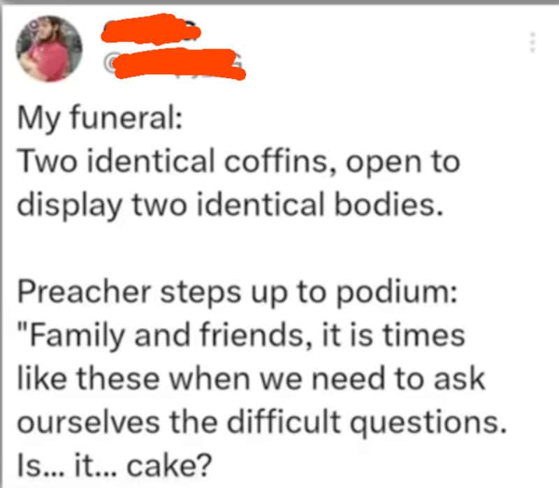 Two identical coffins open to display two identical bodies at a funeral.