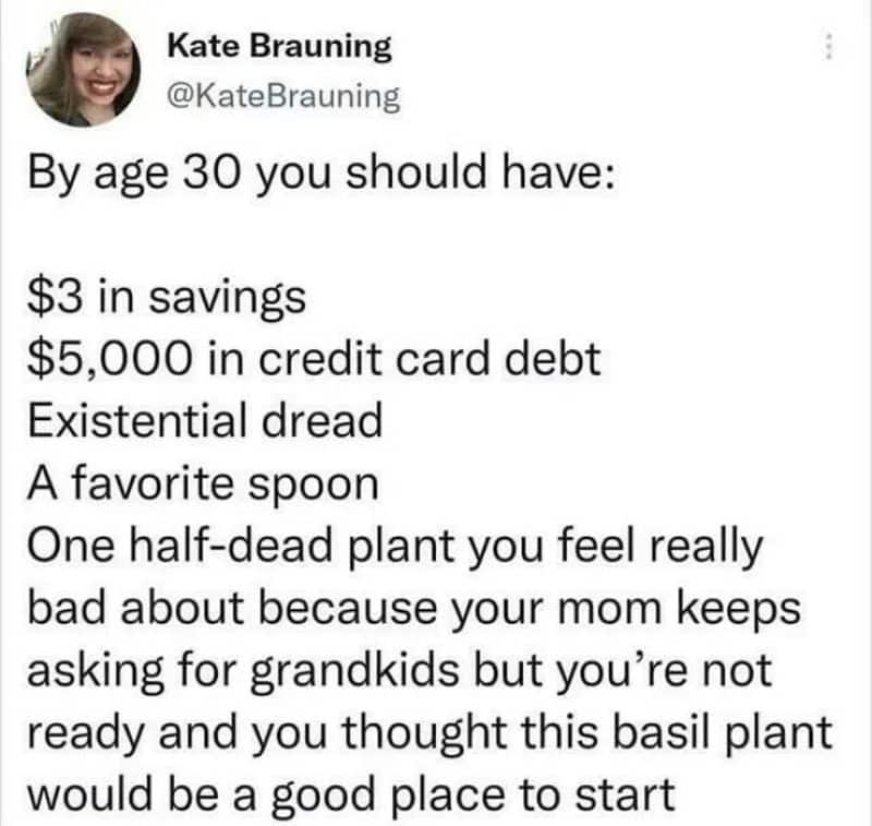 Kate Brauning's humorous list about what to have by age 30.