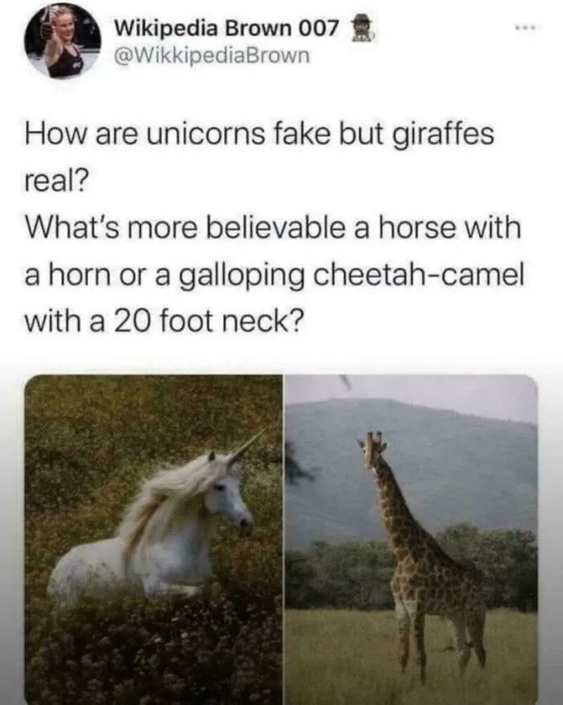 Unicorn and giraffe side by side, comparing their realism.
