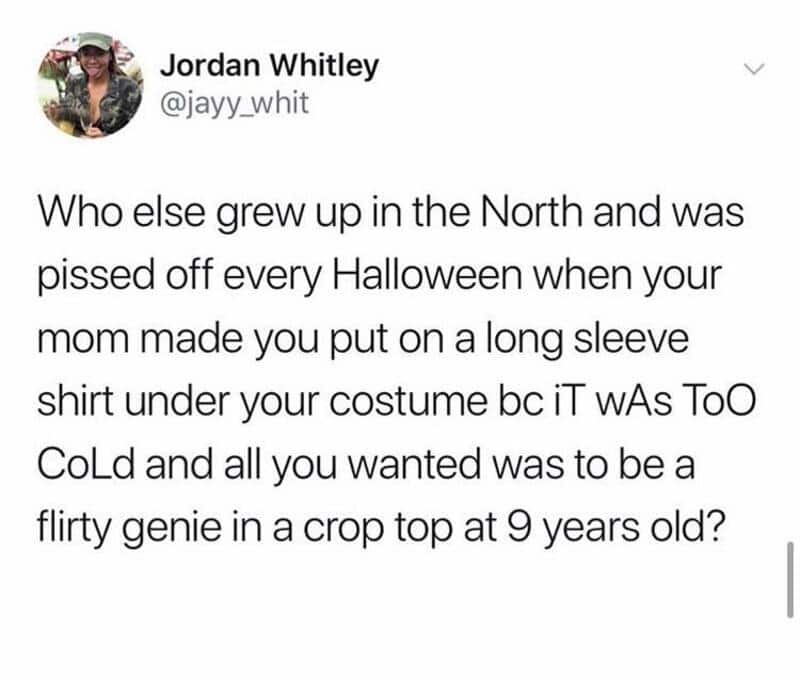 Text post about childhood Halloween costumes and memories.