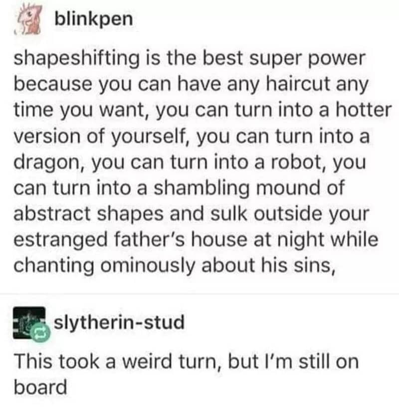 Text about shapeshifting and a comment about a weird turn in a story.
