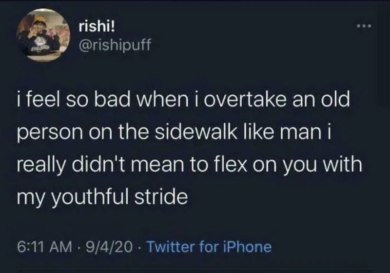 Twitter post by rishil about feeling bad for overtaking an old person on the sidewalk.