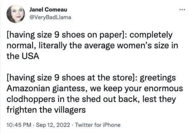 Janel Comeau's tweet about size 9 shoes, normal and at the store.
