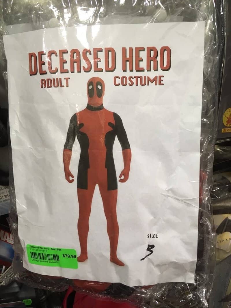 Deceased Hero adult costume with a Deadpool mask and black and red suit.