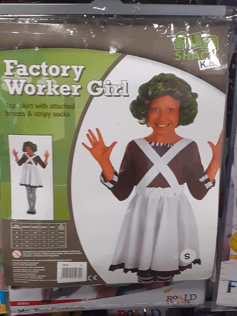Factory Worker Girl costume with green wig, striped socks, and apron, size small.