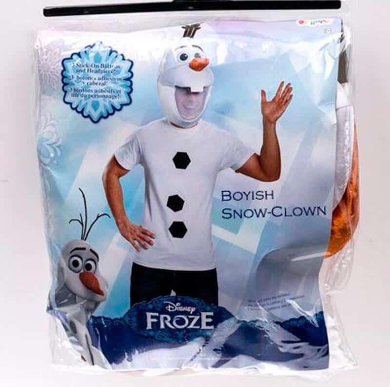 Boyish Snow-Clown costume from Disney Frozen with Olaf headpiece and snowflake design.