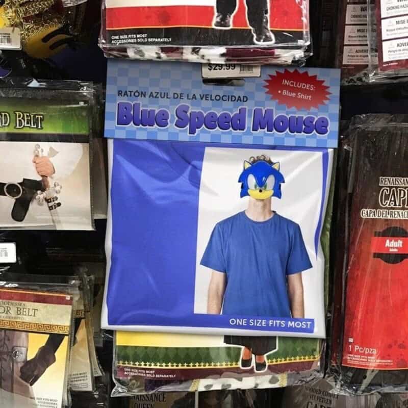 Sonic the Hedgehog blue speed mouse costume with blue shirt and Sonic mask.