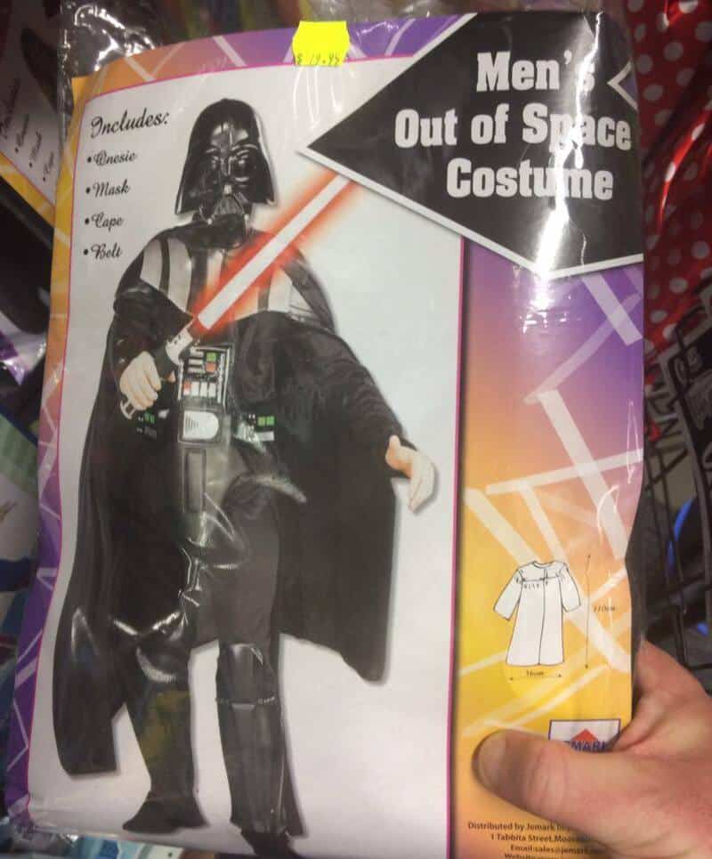 Men Out of Space Costume with Darth Vader mask and laser sword, includes mask, cape, robe, and tunic.