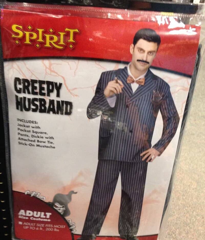 Creepy husband costume with pinstripe suit, bow tie, and mustache from Spirit Halloween.
